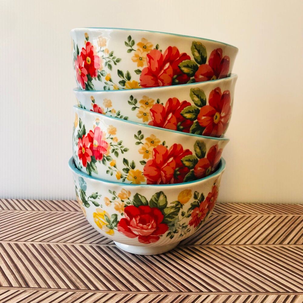 The Pioneer Woman Vintage Floral Teal Stoneware 4-Piece Footed Bowl Set